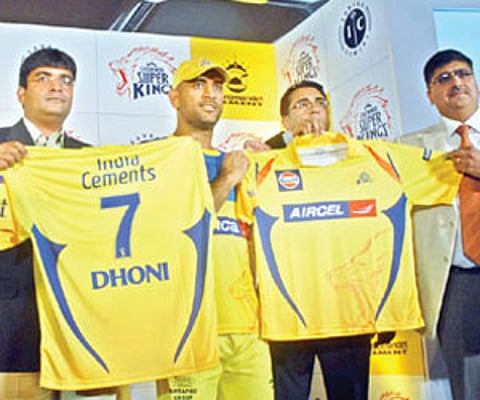 MS Dhoni(2nd Left) at the unveiling of the Chennai Super Kings' new jersey in Chennai. (Express Photo)