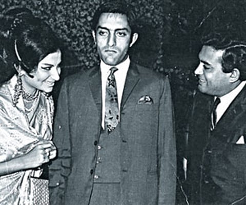 Actor Sanjeev Kumar (right) at the wedding of Mansur Ali Khan Pataudi and Sharmila Tagore in 1969