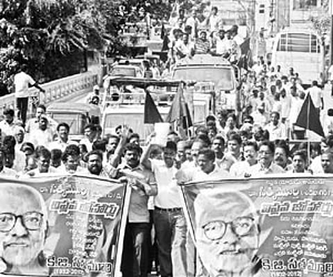 The funeral procession of comrade K G Satyamurthy making its way to the Swargapuri crematorium in Vijayawada on Wednesday