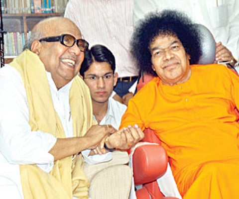 FROM THE ALBUM: A file picture of Chief Minister M Karunanidhi with Sri Sathya Sai Baba