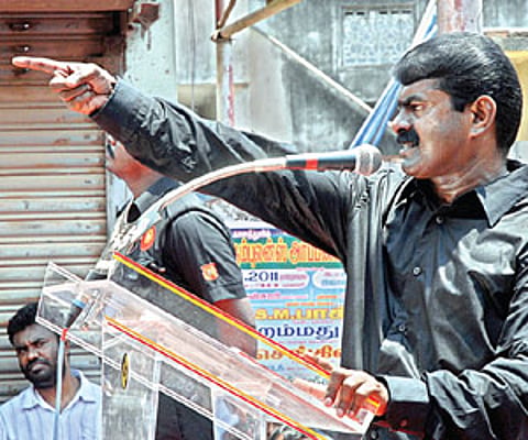 NO HOLDS BARRED: Naam Tamizhar Katchi leader Seeman addressing a public meeting at Alandur on Monday | J Manoharan