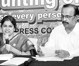 Census director YV Anuradha and joint director D Hanumantha Raya at a media conference in Hyderabad on Thursday.