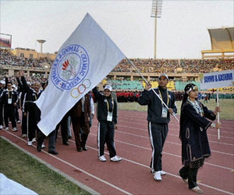 Jammu and Kashmir contingent during the opening ceremony of the 34th National Games. (PTI)