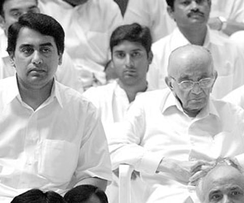 Sathya Sai Trust board members Ratnakar Rao, former chief justice PN Bhagwati and Indu Lal Shah at Puttaparthi on Tuesday| Express Photo.