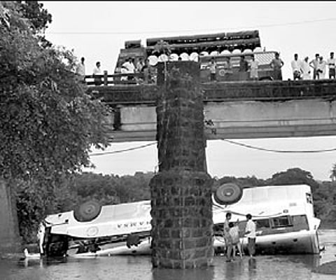 The KSRTC Rajahamsa bus which plunged off the Kootelu bridge near Uppinangady on Friday.