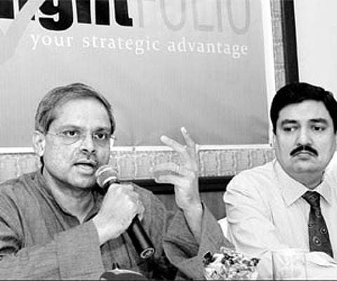 Parakala Prabhakar, managing director of RightFOLIO speaking at a media conference in Hyderabad on Monday.