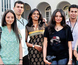 Former alumni and teachers of Vidyaranya school strike a pose in Hyderabad on Friday.