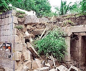 The wall adjacent to the Bellary fort entrance that collapsed on Tuesday | Express Photo