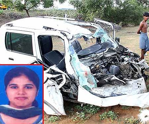 The manged remains of the car that the techies were driving; Inset: Aishwarya.