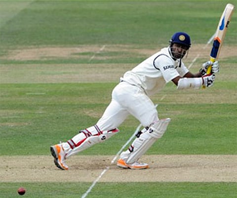 Abhinav Mukund hits a ball from England's James Anderson during the 3rd day of the first Test match at Lord's cricket ground, London, Saturday. AP