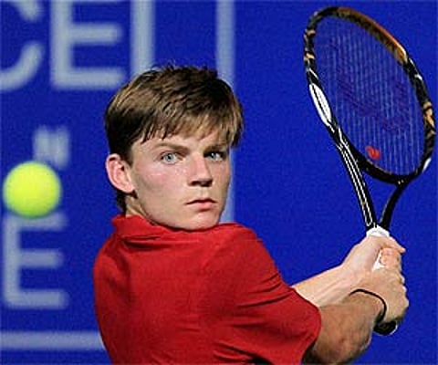 Belgium's David Goffin in action against India's Somdev Devvarman during the men's first round match of the Chennai Open 2011. PTI
