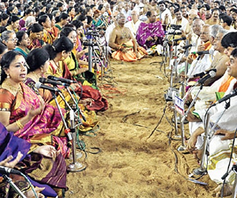Vocalists rendering pancharatna kritis during the Thiayagaraja aradhana at Thiruvaiyaru in Thanjavur on Monday.