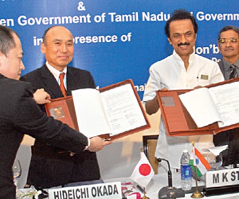 Deputy Chief Minister M K Stalin and Japanese delegates at the signing of the Letter of Intent between the Tamil Nadu and Japan governments in the cit