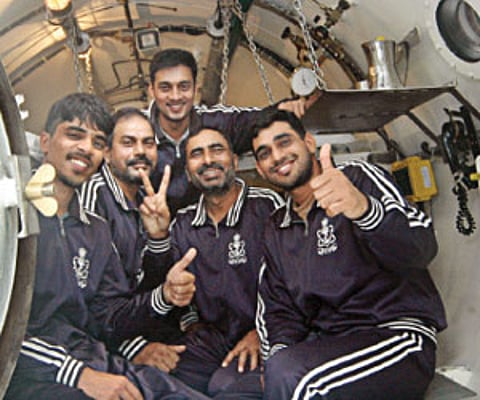 Naval divers inside the pressure chamber at INS Nireekshak at the Southern Naval Command in Kochi. (Express photo)