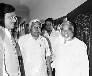MP K Keshava Rao, Telangana JAC convenor Prof Kodandaram and MP G Vivek at the former's residence in Hyderabad on Sunday.