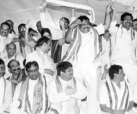Telangana Congress leaders dancing after the arrival of TRS president K Chandrasekhar Rao on the second day of the fast.