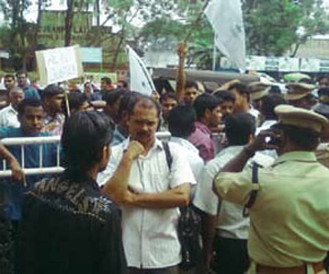 The passengers and the striking crew of Lakshadweep ships protesting in front of the Lakshadweep administration office in Kochi| Express Photo.