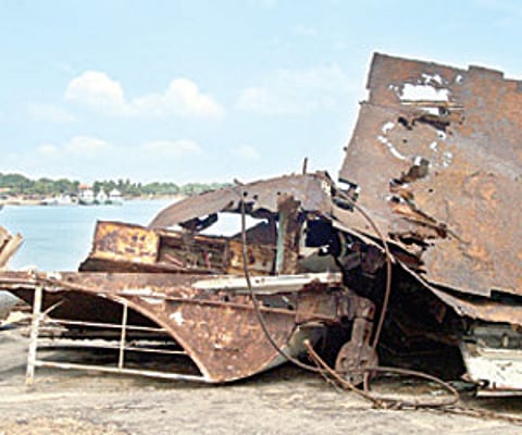 A ship wreckage that was scooped out of the sea at Kankesanthurai in Jaffna in north Sri Lanka