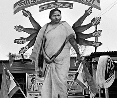 A life-size cut-out of Trinamool Congress supremo Mamata Banerjee erected for election campaign in Siliguri on Tuesday | PTI