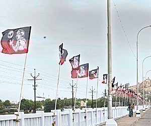 AIADMK party flags lined up on the Cauvery Bridge in Tiruchy.