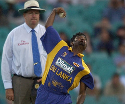 Muttiah Muralitharan of Sri Lanka bowls in front of umpire Darrell Hair during a One Day International match. (File, Getty Images)