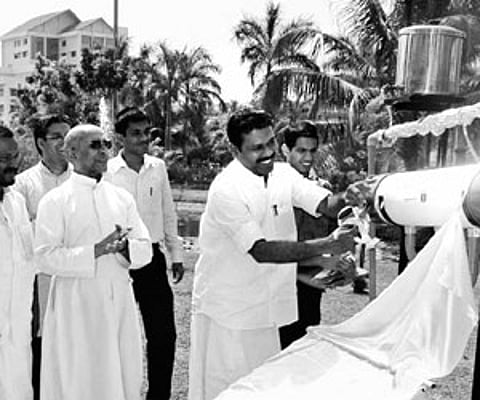 Mayor Tony Chammany inaugurating the first phase of the solar distillation plant on Rajagiri Engineering campus on Friday| Express Photo.
