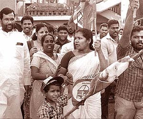 Lok Janshakti Party president Ram Vilas Paswan being escorted to the venue for the release of the manifesto of the Secular Democratic Front, in Kochi.