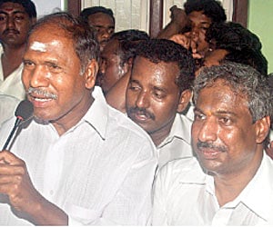 Manitha Neya Makkal Iyyakkam head Nehru with N Rangasamy after joining the All India NR Congress in Puducherry| Express Photo by G Pattabiraman.