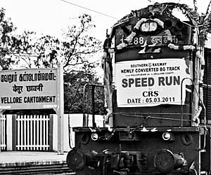 The engine and compartments that were used in the high speed test, at the Vellore cantonment station on Saturday - EPS