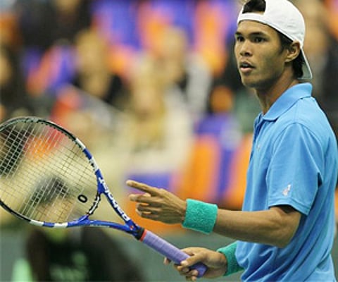 Somdev Devvarman reacts during their Davis Cup World Group 1st Round match against Janko Tipsarevic of Serbia, in Novi Sad on Friday. (AP)