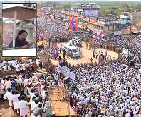 AIADMK chief J Jayalalithaa speaking at an election meeting at Gandharvakottai in Pudukkottai district on Monday.
