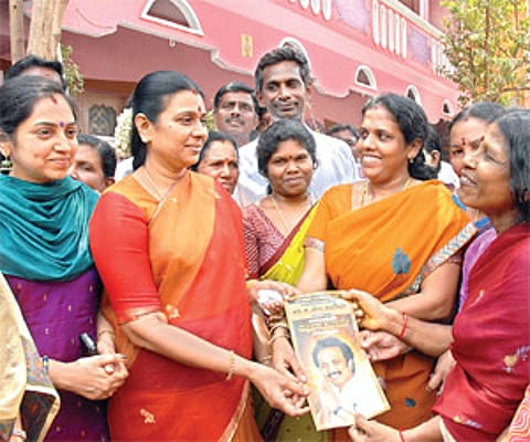 Durga, the wife of Deputy Chief Minister M K Stalin, campaigning in Kolathur constituency in Chennai on Saturday - Express