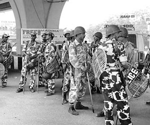 Security personnel keeping vigil in Chandrayangutta in the Old City on Saturday