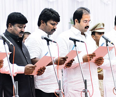 Five more ministers take the oath administered by Governor HR Bhardwaj at Raj Bhavan in Bangalore on Thursday|Express Photo by Nagaraja Gadekal.