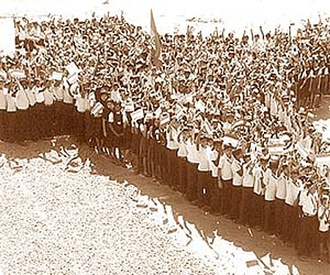 Students and teachers of Amballoor St Francis UP School line up in the shape of the map of India to mark the one-month-long Independence Day.