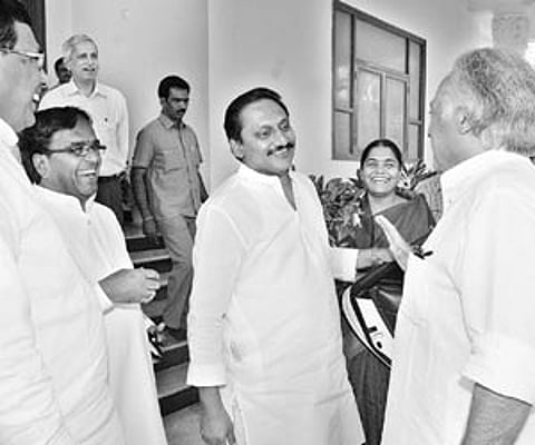 Chief minister N Kiran Kumar Reddy (centre), Union minister for rural development Jairam Ramesh (right) ministers Sunita Laxma Reddy (second from righ