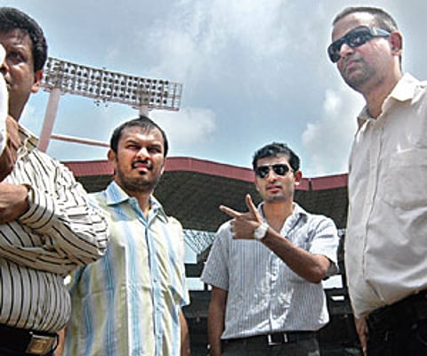IPL chief executive officer Sunder Raman (right) with Kochi IPL franchise co-owners Vivek Venugopal (centre) and Mehul Shah (second left) during a vis