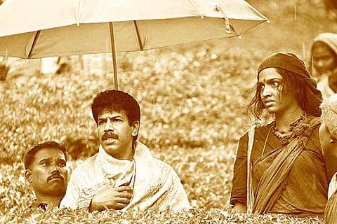 Director Bala with Dhansika during the shoot of 'Paradesi'.
