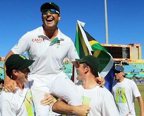 South African players carrying Kallis on their shoulders as a gesture of respect | File Photo by AP