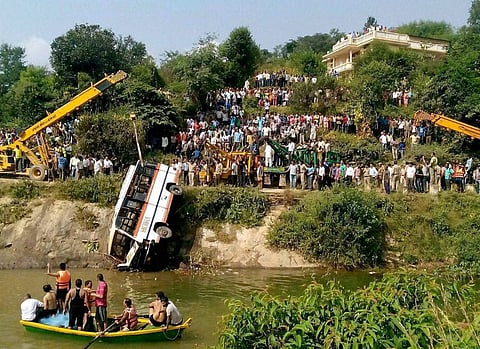 Rescue work in progress after bus fell into Govind Sagar Lake in Bilaspur district on Wednesday | PTI
