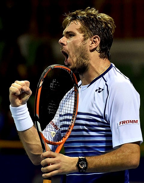 Defending champion and World No 4 Stanislas Wawrinka celebrates after winning a quarter-final match against Gilles Muller during the ATP Chennai Open 2015 at SDAT Tennis Stadium in Chennai Friday. PTI