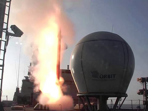 Barak-8 missile being test fired onboard INS Kolkata (Photo courtesy - MoD)