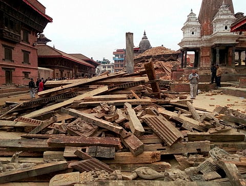 Collapsed buildings are seen at the Durbar Square following a poweful earthquake in Kathmandu | PTI