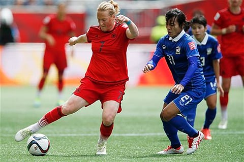 Germany's Melanie Behringer (7) plays the ball as Thailand's Kanjana Sung-Ngoen (21) defends during the first half of a FIFA Women's World Cup soccer game in Winnipeg, Manitoba, Canada. |AP