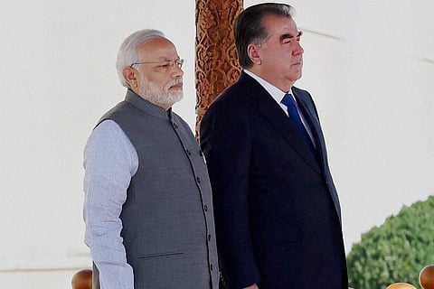 Dushanbe Prime Minister Narendra Modi with Tajikistan President Emomali Rahmon during the welcome ceremony in Dushanbe Tajikistan on Monday. | PTI