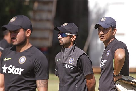 India cricket captain, Ajinkya Rahane, centre, watches during a practice session in Harare, Zimbabwe. |AP