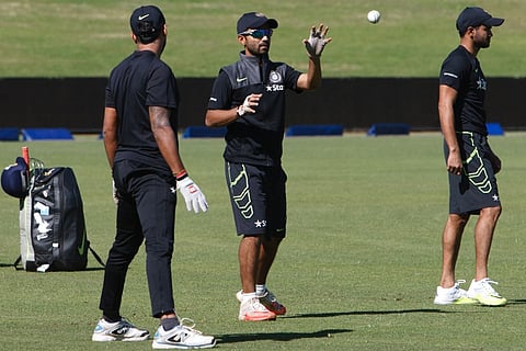 India's cricket captain for the Zimbabwe tour Ajinkya Rahane takes part in a fielding practice session at Harare Sports Club. |AFP
