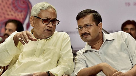 Delhi Chief Minister Arvind Kejriwal R with his Bihar counterpart Nitish Kumar