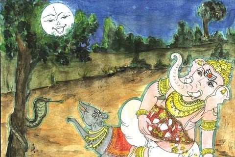 The Moon God Bows to Ganesha