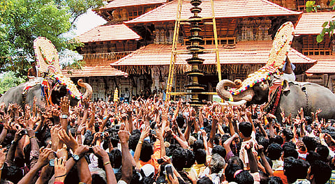 The two elephants carrying the deities of Paramekkavu and Thiruvambady temples bidding farewell at the Sreemoolasthanam of Sri Vadakkunnathan temple marking the conclusion of Thrissur Pooram. | Express File Photo